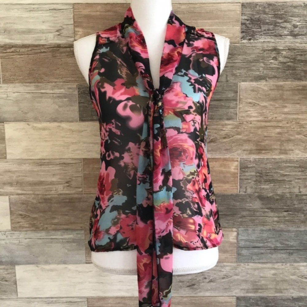 Ambiance Apparel Floral Sheer Tie Blouse